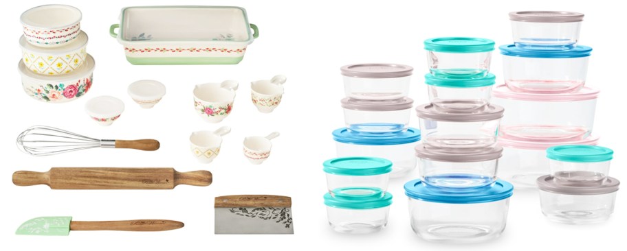 Pioneer Woman bake set and Pyrex glass storage set