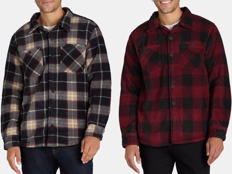 Stock images of two men wearing Burnside Men's Bonded High Pile Fleece Shirt Jacket