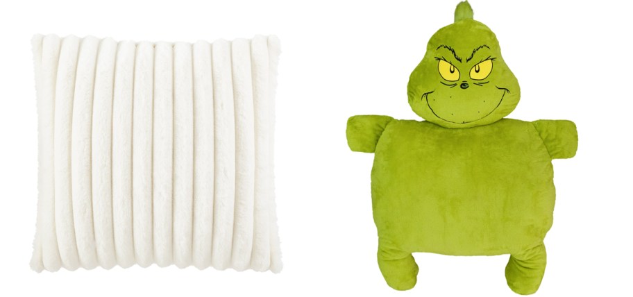 white throw pillow and green grinch plush