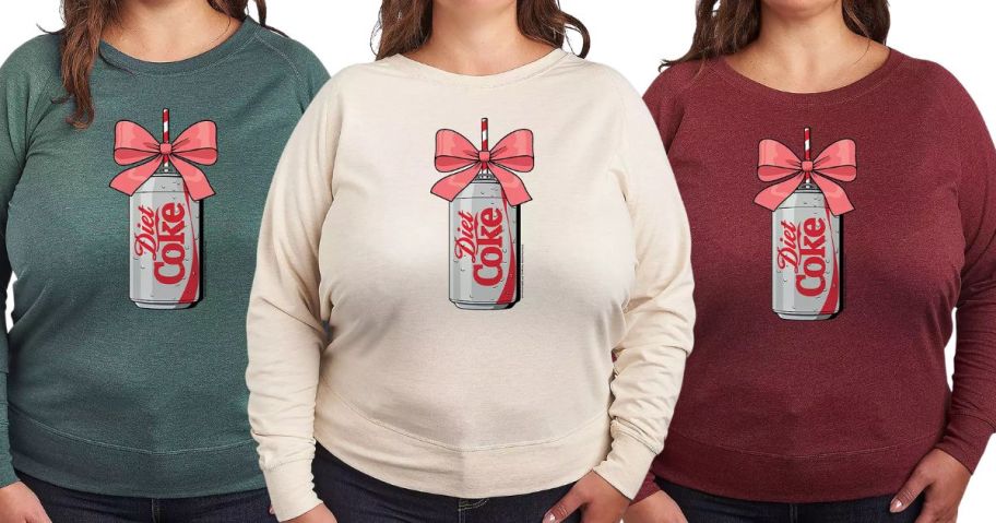 three women wearing Women's Diet Coke Can Bow French Terry Long Sleeve Tees