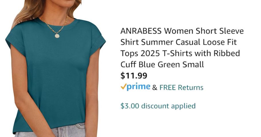 woman wearing teal shirt next to Amazon pricing information