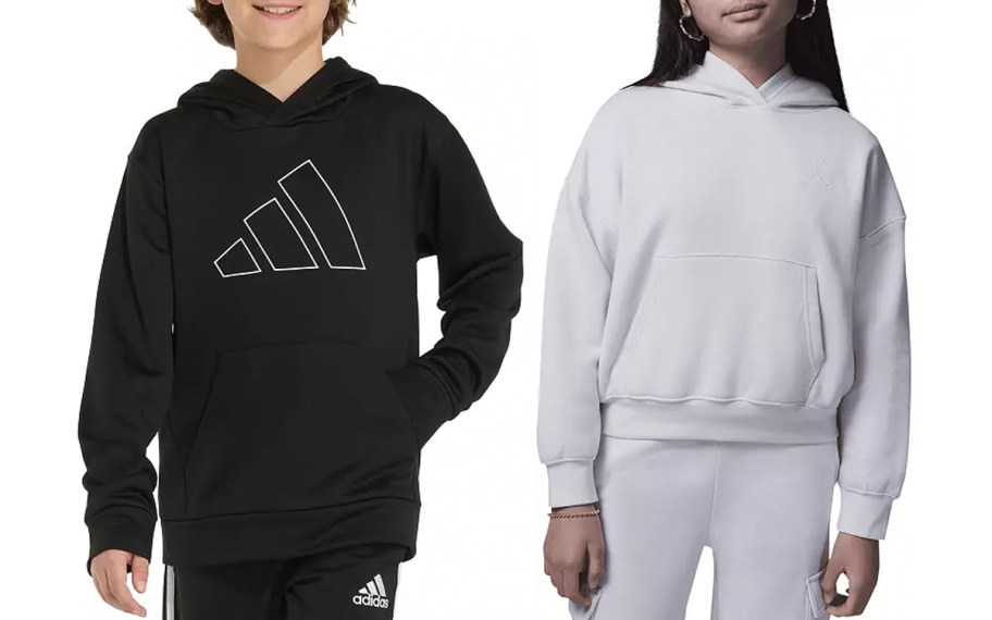 kids wearing black adidas and light purple jordan hoodies 