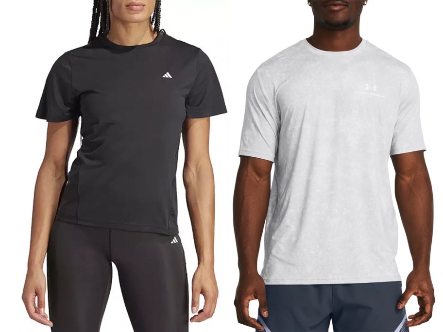 adults wearing black adidas and white under armour tees