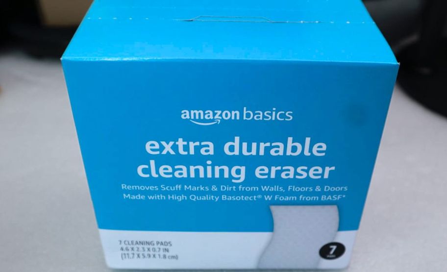 a box of amazon basics cleaning erasers