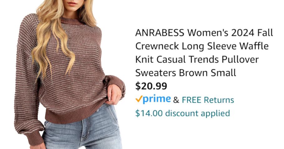 woman wearing brown sweater next to Amazon pricing information