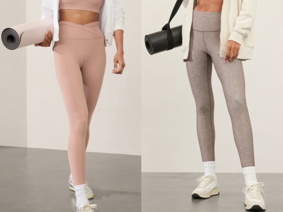 two neutral colored leggings