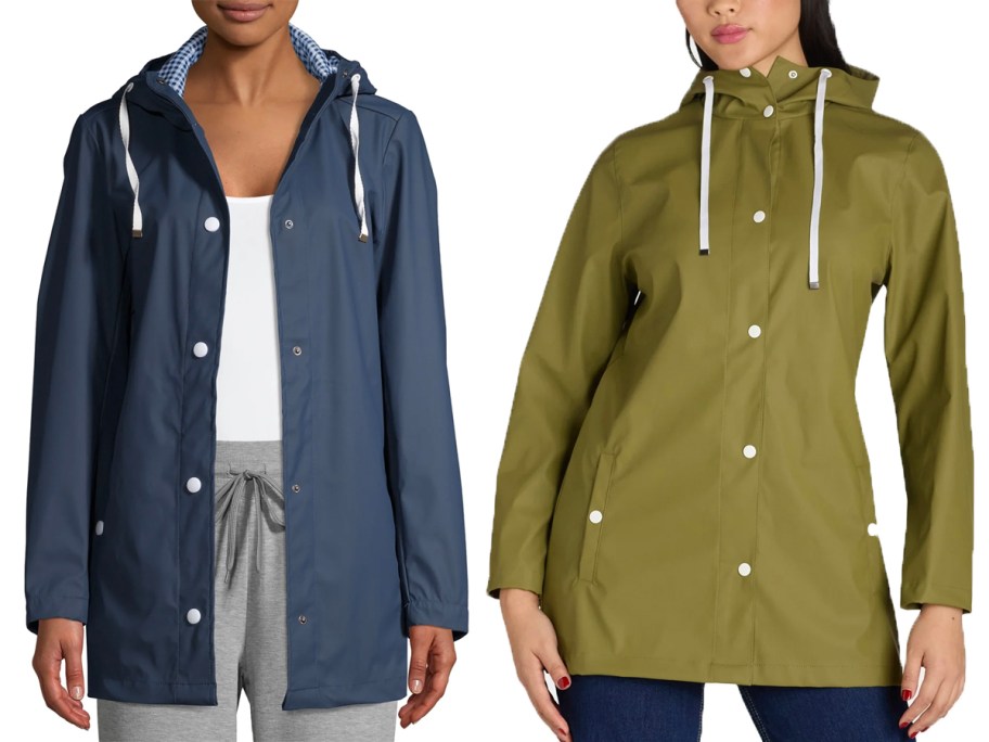 two women wearing blue and green rain coats