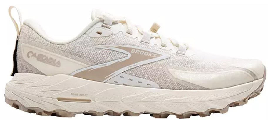 white and tan brooks cascadia shoe
