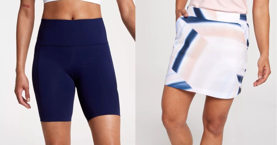 two women wearing calia bike shorts and golf skort