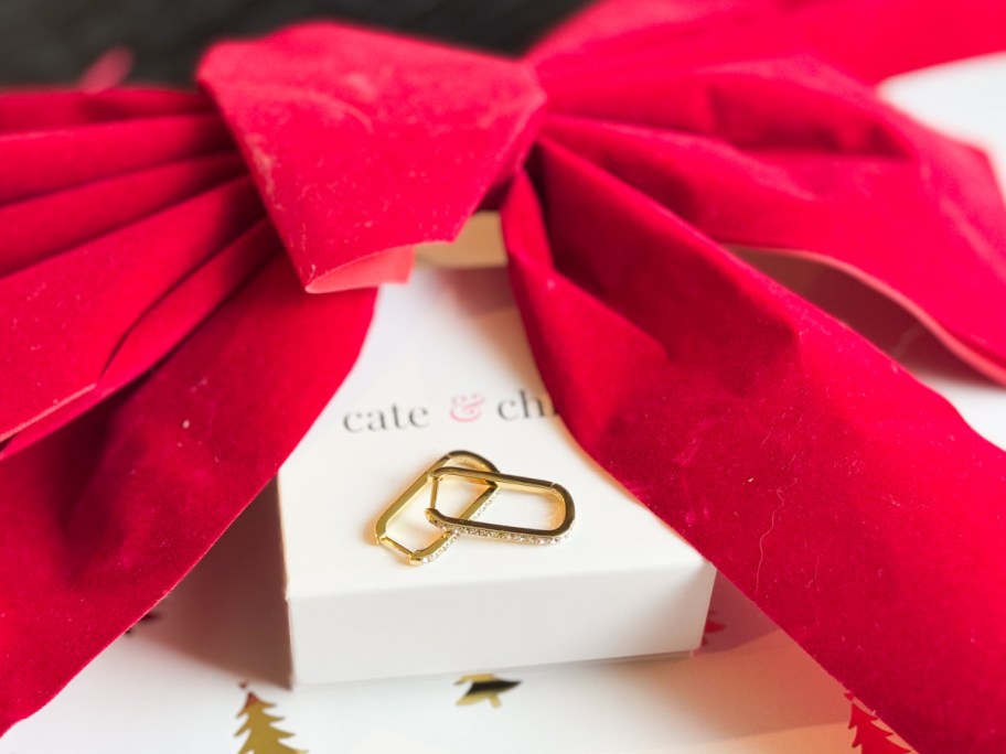 square hoop earrings on box next to red bow