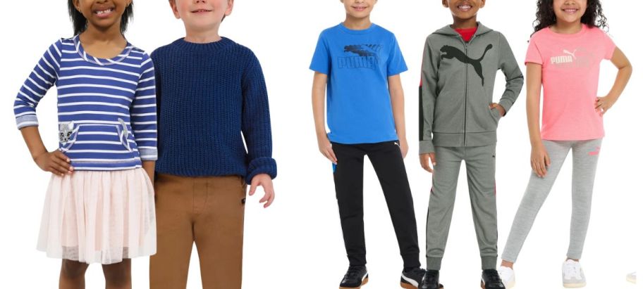 5 kids wearing 2 piece outfits from costco stock image