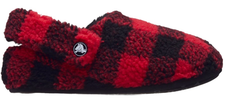 red and black buffalo plaid slipper crocs