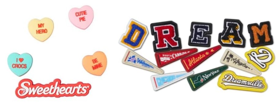 Crocs Jibbitz shoe charms packs - one set is of Sweethearts heart shaped candy with phrases on them, the other is block letters spelling Dream and pennants from various colleges