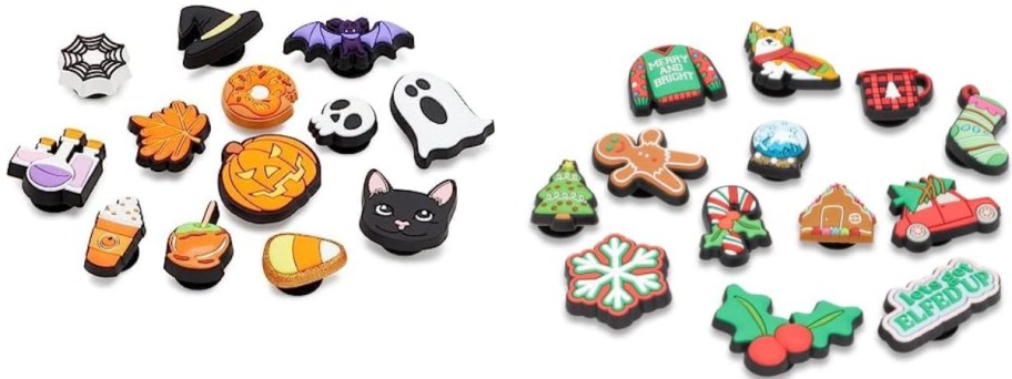 Crocs Jibbitz shoe charms sets, one is 13 different Halloween themed charms and one is 13 different Christmas themed charms