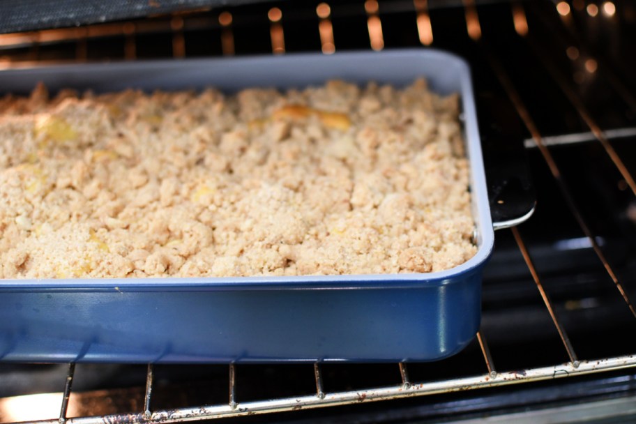 crumb cake in the oven 