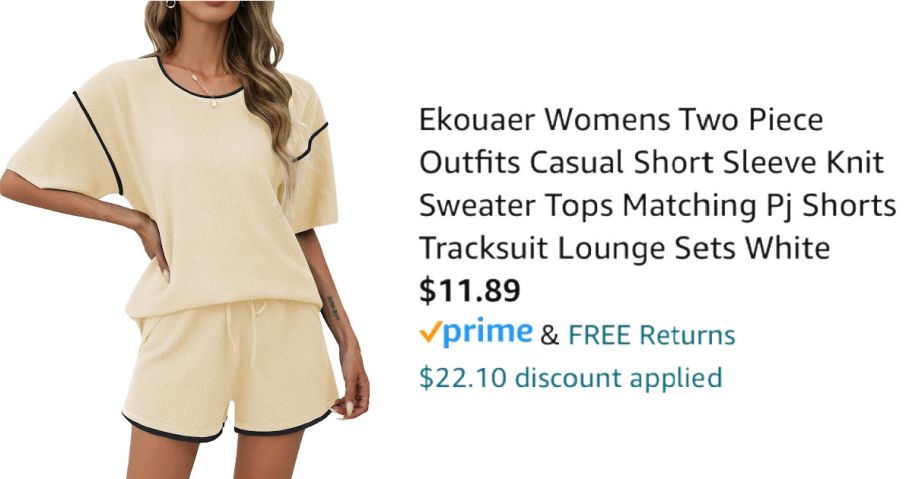 woman wearing beige pajamas next to Amazon pricing information