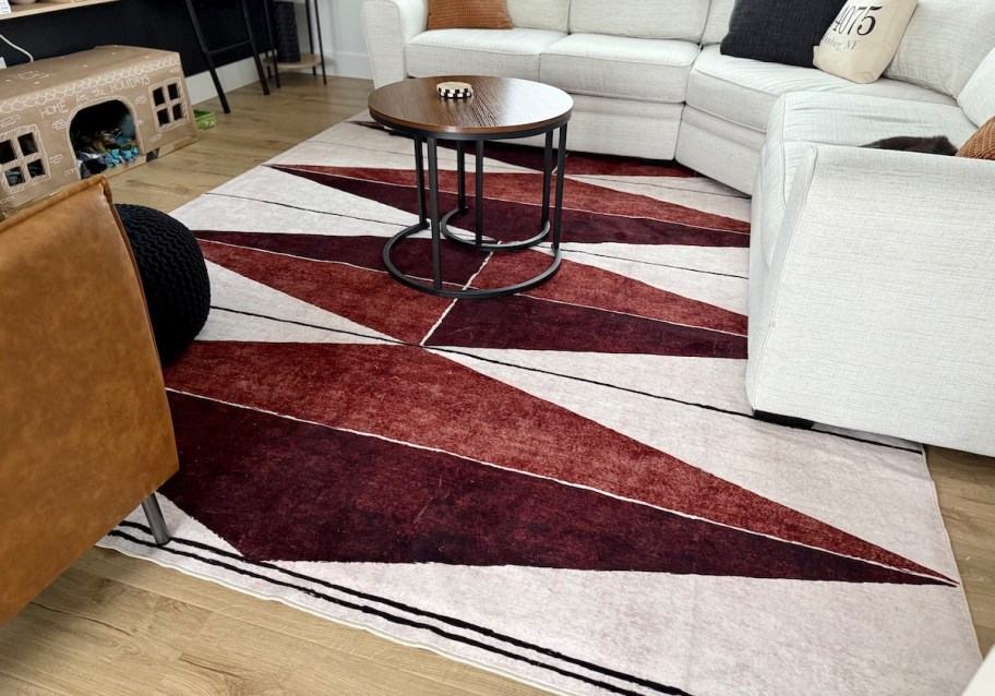 close up of geometric washable rug in living room