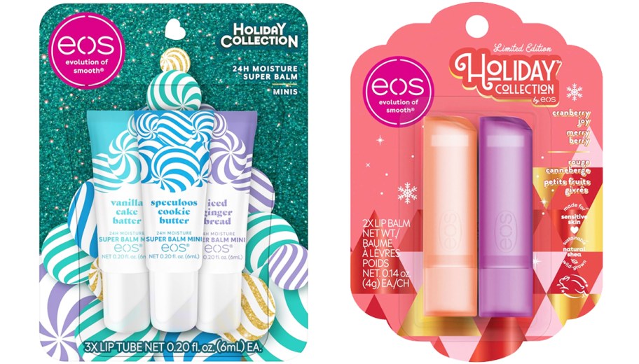 two packs of eos holiday lip balms