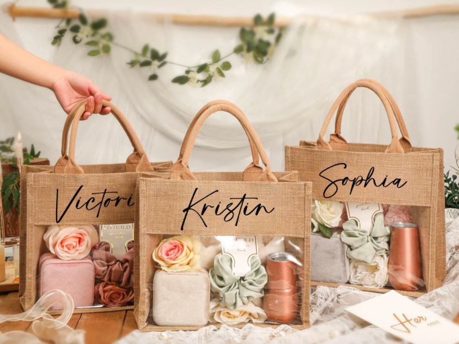 tan tote bags with womens name for bridal party