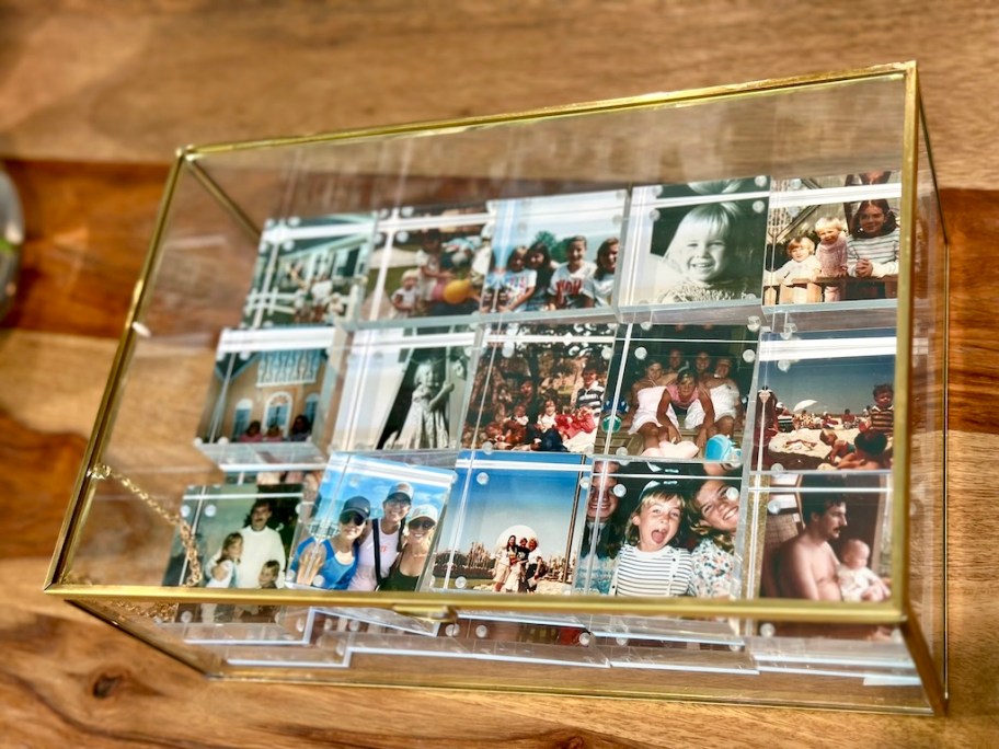 clear box full of photo blocks