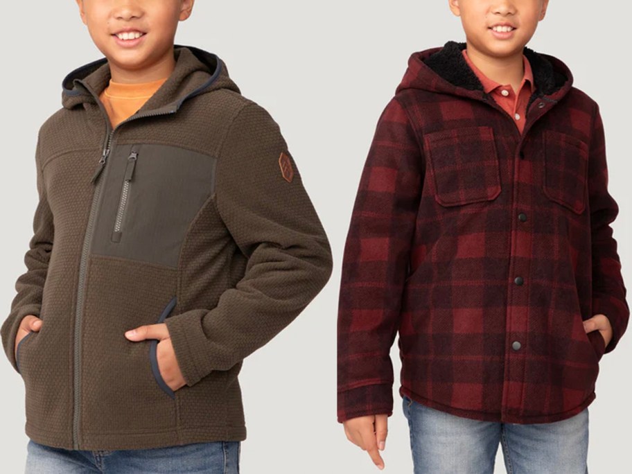 two boys wearing brown and red jackets 