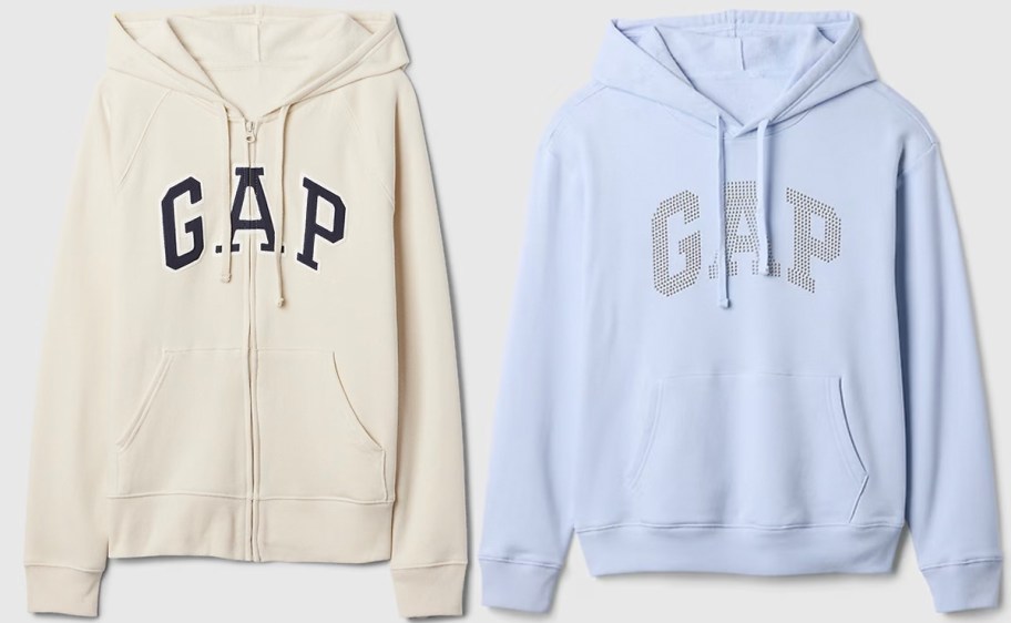 beige and blue gap hoodies