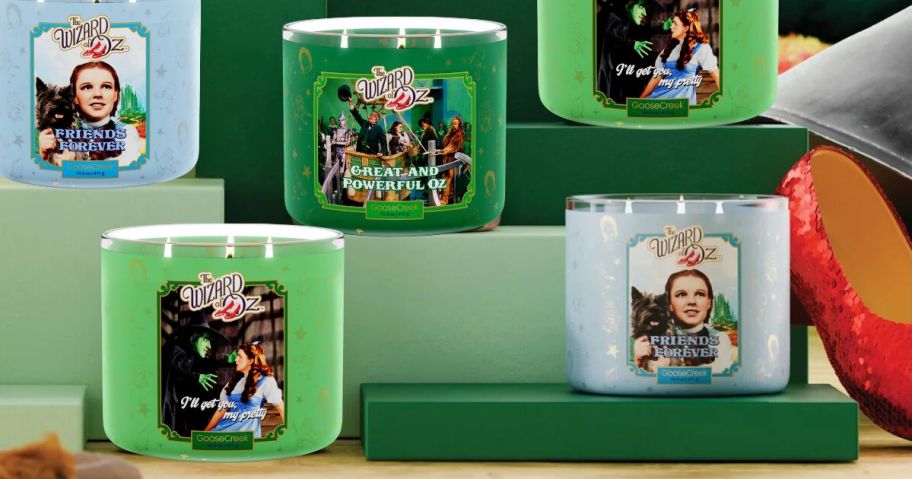 goose creek wizard of oz 3-wick candles on display