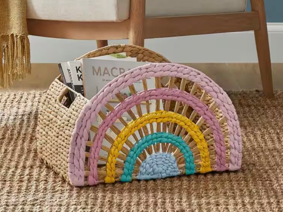 rainbow basket with magazines inside