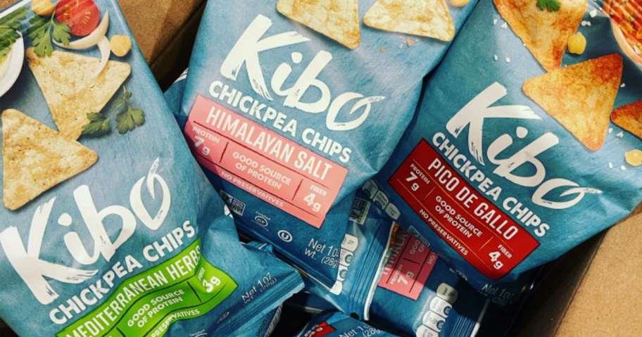 three bags of kibo chick pea chips in a box