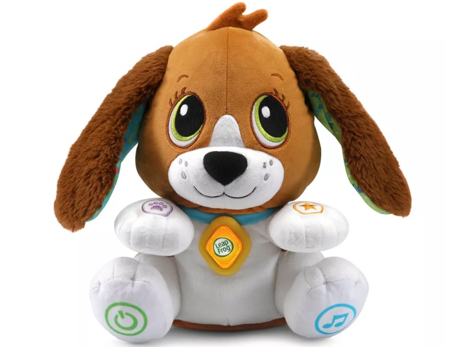 white and brown puppy dog toy 