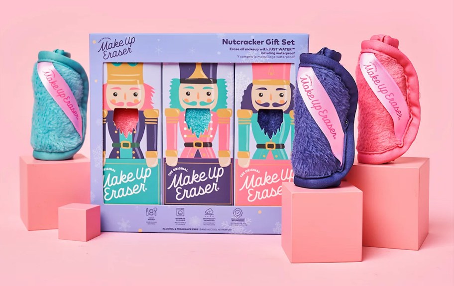 nutcracker makeup eraser beauty gift set with pink background