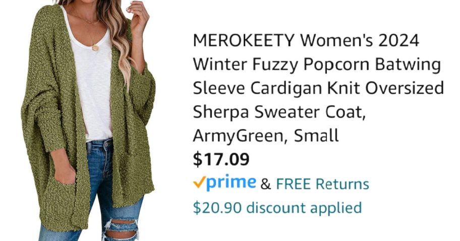 woman wearing green cardigan next to Amazon pricing information