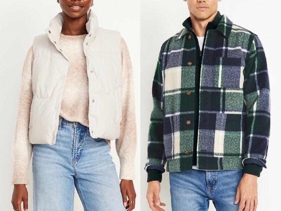 old navy woman vest and man jacket