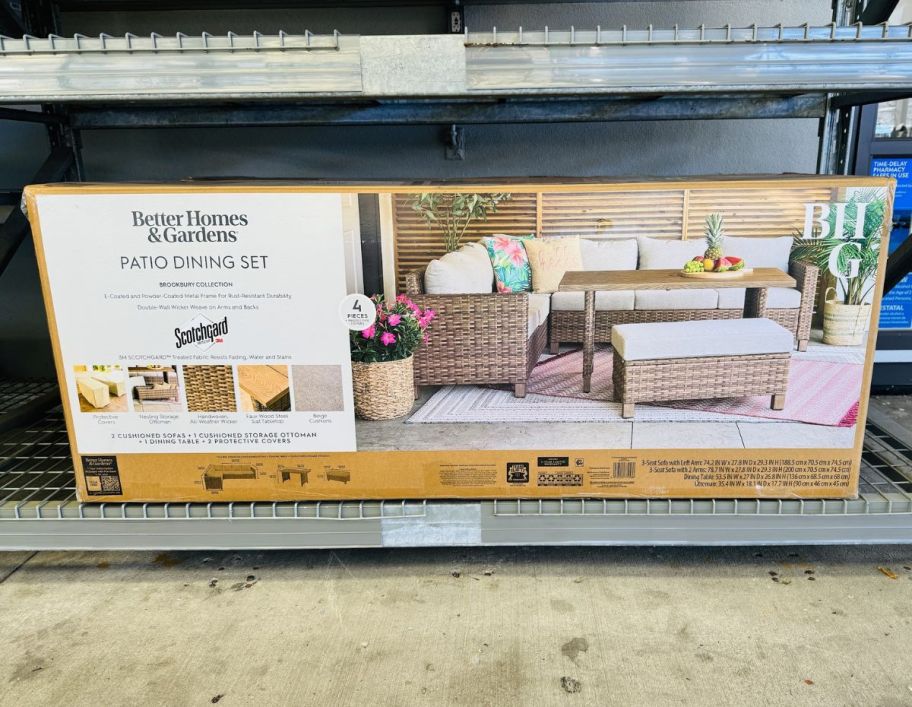 patio dining set in a box on a store shelf