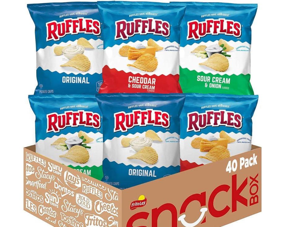 a 40 count variety box of ruffles potato chips