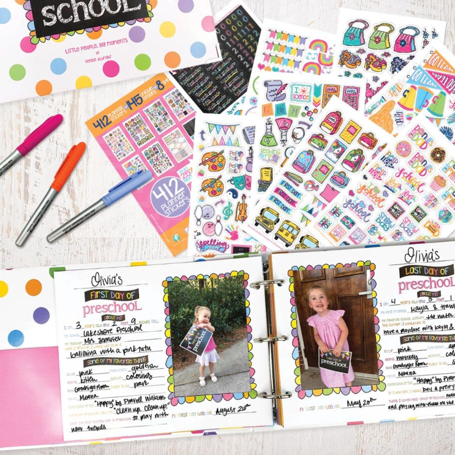 contents of school memory book package with sections and stickers for each school year