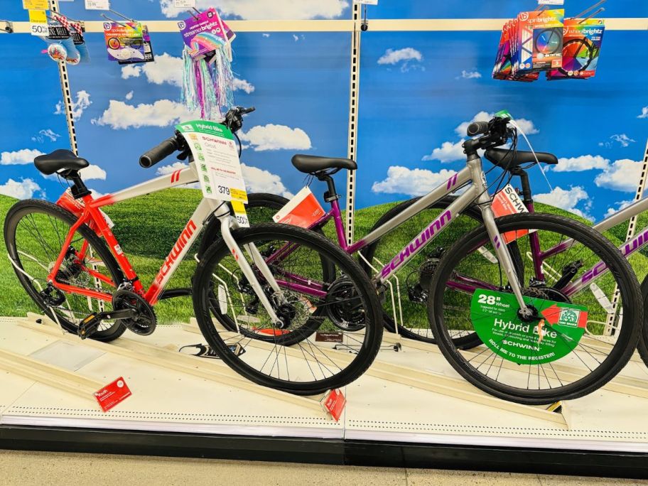 two schwinn bike on a store shelf