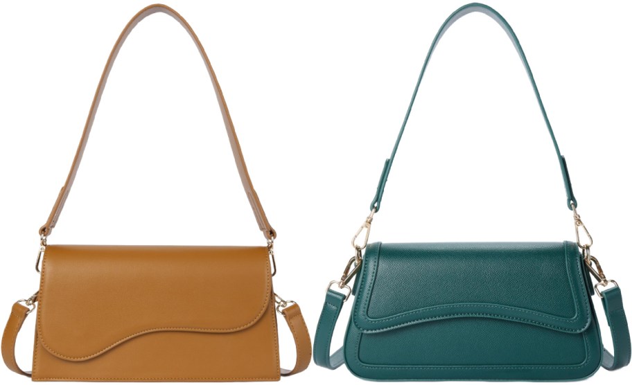 shoulder bags in camel and blue