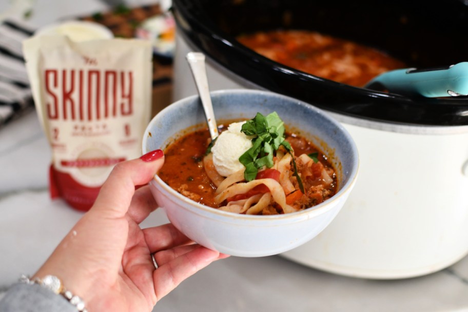 slow cooker sausage soup in a bowl 