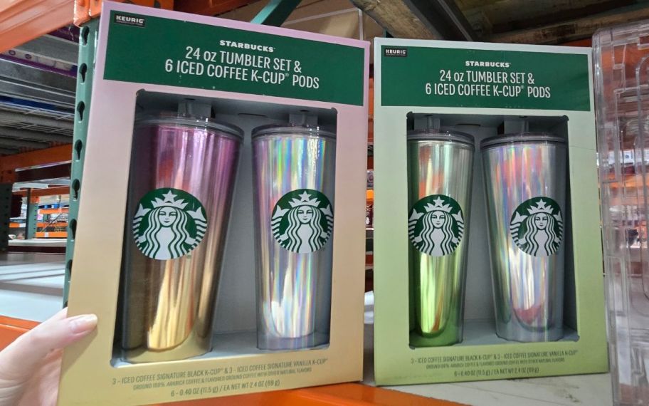 two starbucks iced coffee tumbler sets in a costco store