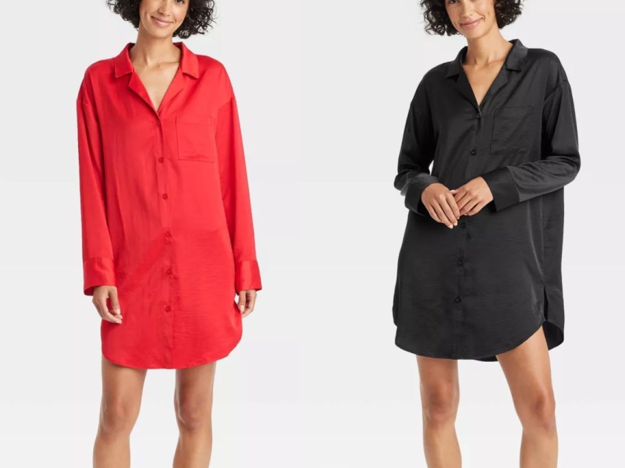 2 women wearing button down long sleeve collared nightshirts, one is solid red, one is solid black