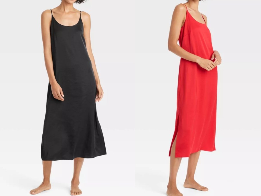 two women wearing long spaghetti strap chemise style night gowns, one is solid black, the other is solid red