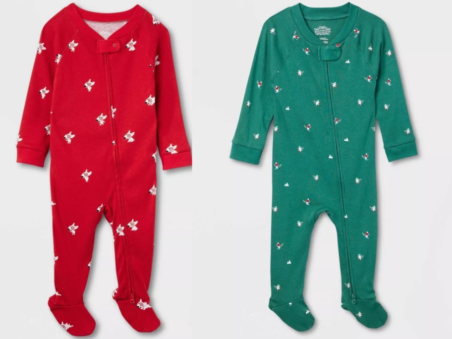 baby footie onesie pajamas one is red with white dogs on it, one is green with polar bears on it