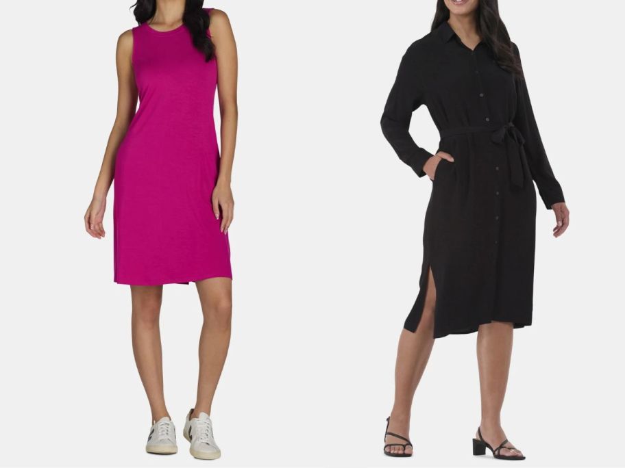 two women wearing time and tru dresses in pink and black
