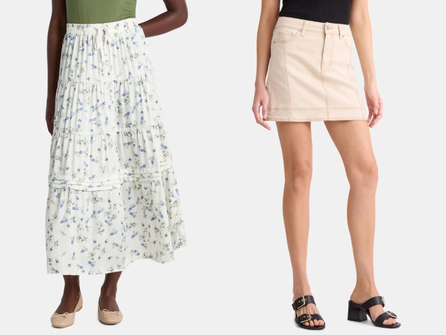 two women wearing time and tru skirts in a floral print and tan