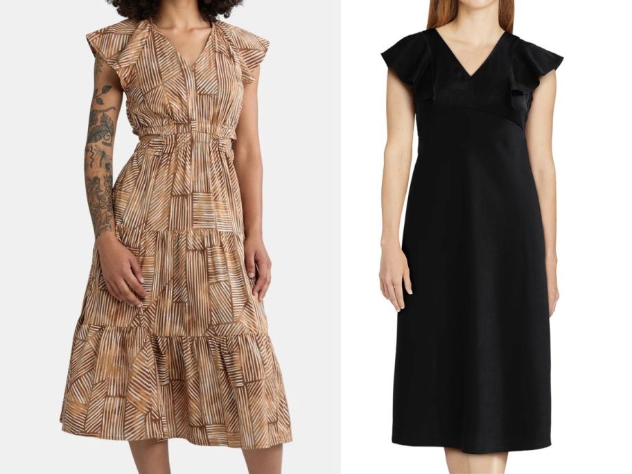 two women wearing time and tru dresses in a brown pattern and black