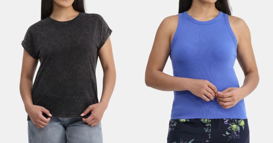 two women wearing time and tru tops in black and blue
