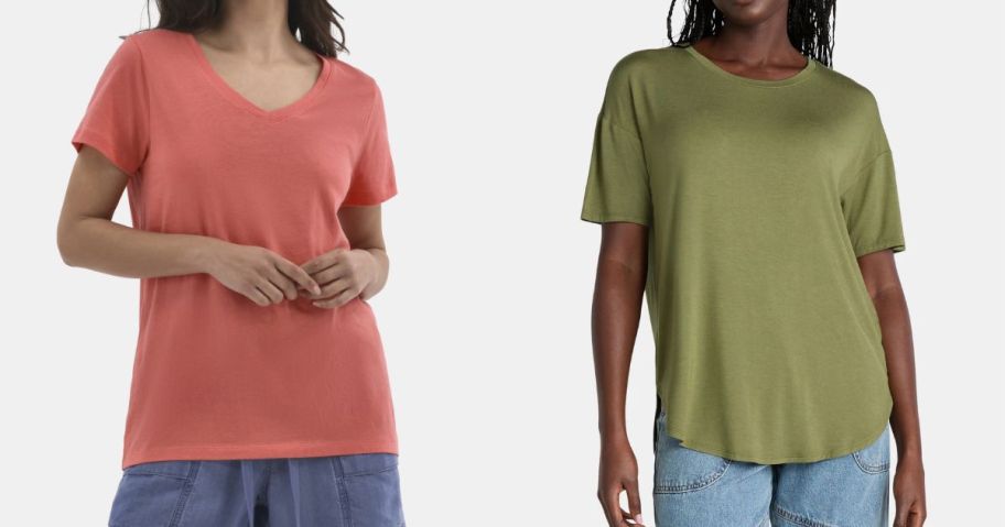 two women wearing time and tru tops in coral and green