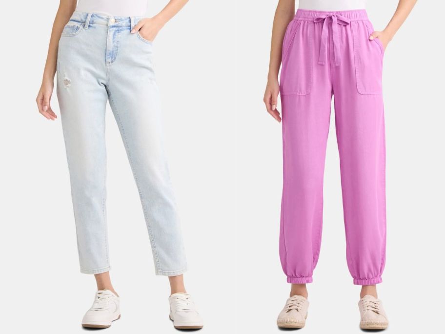 two women wearing time and tru mom jeans and pink joggers