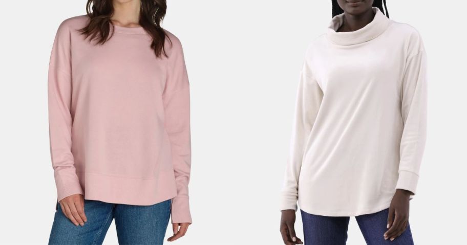 two women wearing long sleeve time and tru tops in light pink and white